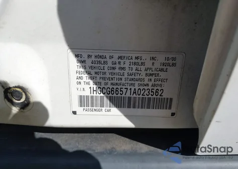 2001 Honda Accord 2.3 Lx from USA, damaged, VIN 1HGCG66571A023562